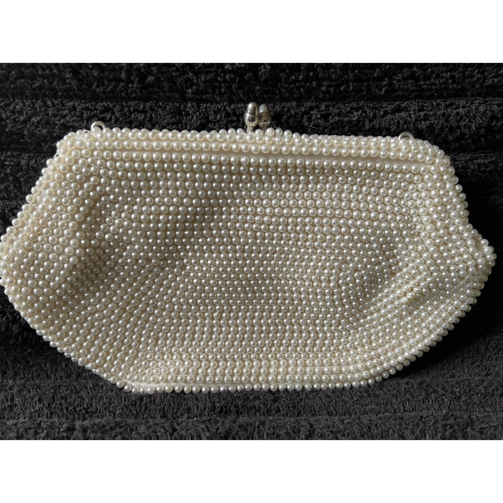 Vintage Made in Japan Faux Pearl & Gray Beaded Clutch Purse Evening Handbag Read - Picture 4 of 12